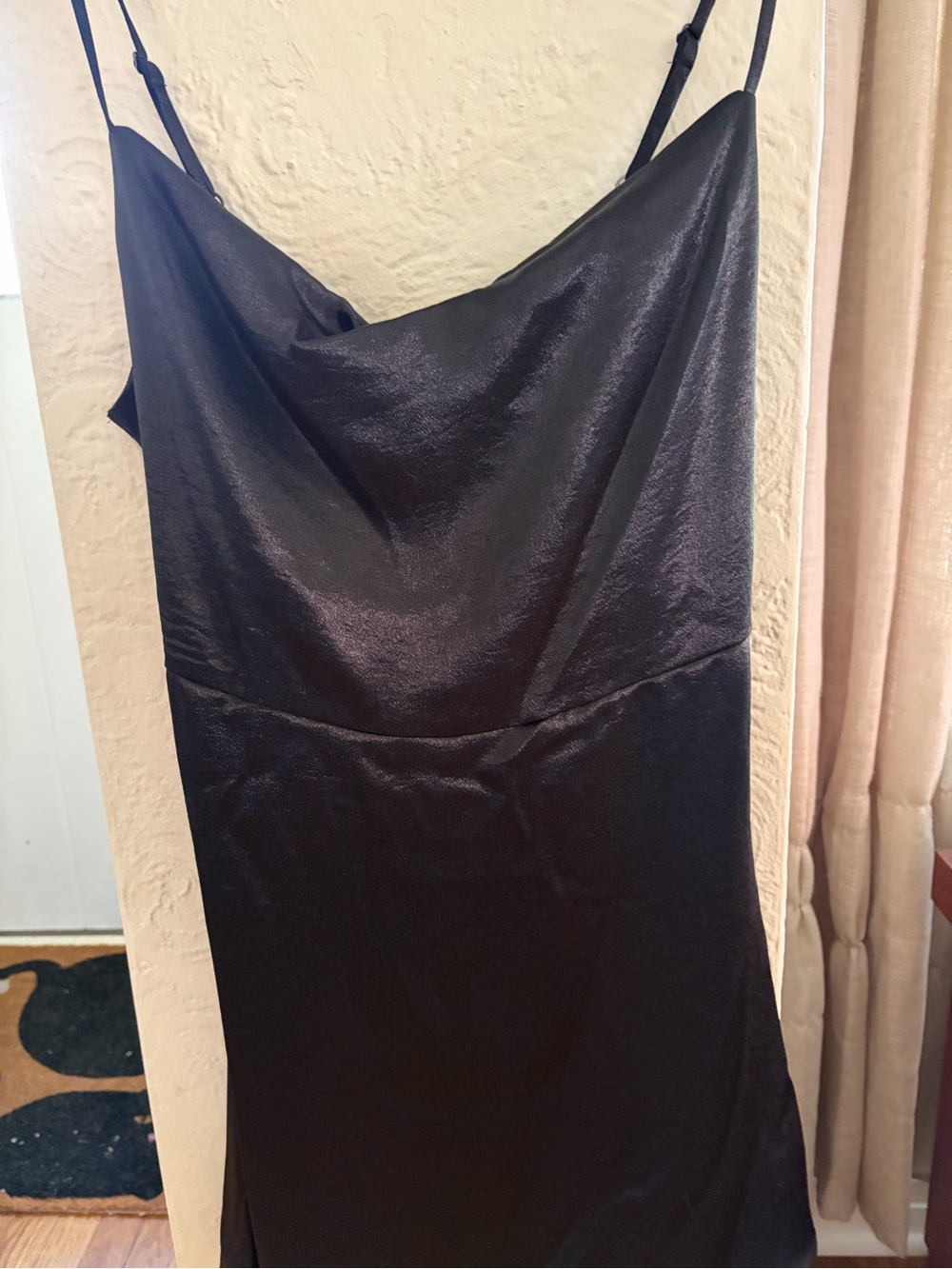 Cowl Neck Satin Open Back Mini Slip Dress - Black